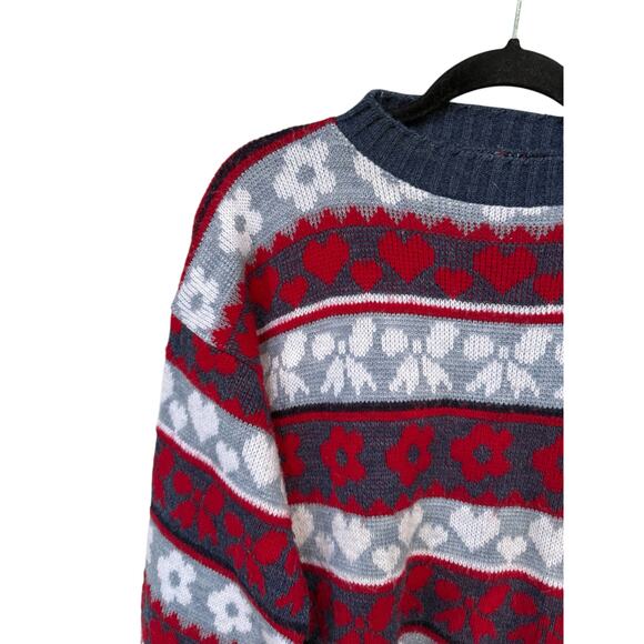 Vintage Huntington Ridge Large Acrylic Crew Sweater Hearts Bows Flowers Red Blue - Picture 5 of 7